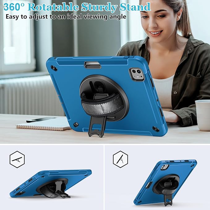 Case for iPad Pro 13 Inch M5 2025/ M4 2024: Military Grade Cover for iPad Pro 13" with Screen Protector - Stand - Handle - Shoulder Strap - Pencil Holder- Blue