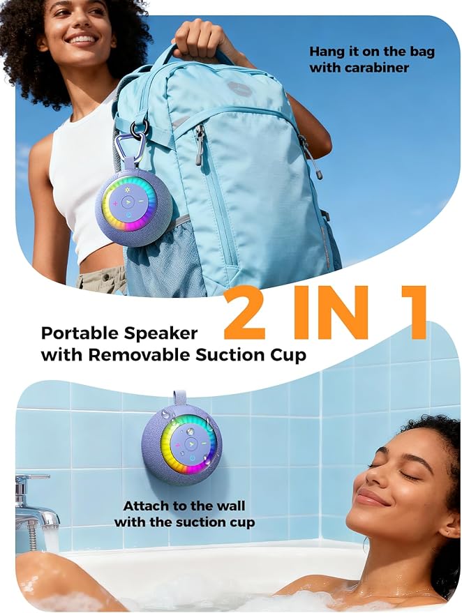 Shower Speaker Bluetooth Waterproof Portable: 360° Surround Sound, IPX7 Suction Cup Removable with Vacuum Exhaust Knob, RGB Lights, Beach/Pool/Camping/Kayak Essentials, Gifts for Mom Teens-Blue