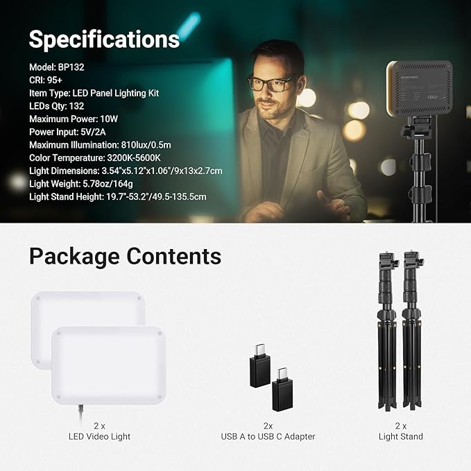 NEEWER Basics 2 Pack LED Video Light Panel Lighting Kit, 6.2" Dimmable Portable Studio Light with 53" Tripod Stand, 3200K-5600K/CRI95+ 810lux for Photography Video Recording Streaming Podcast, BP132