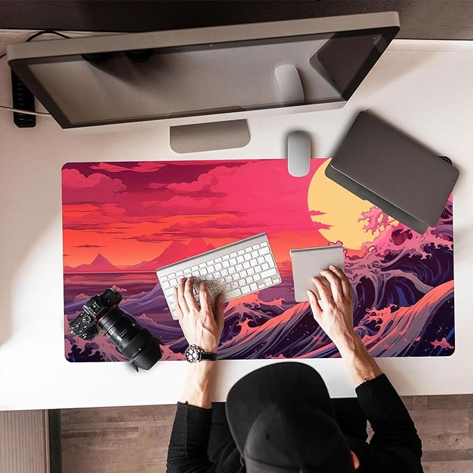 Japanese Sea Wave Large Gaming Mouse Pad with Stitched Edges, 31.5" x 15.7" Large Extended Computer Pad, Mouse Pad Protector with Non-Slip Waterproof Rubber Base Desk Pad for Laptop Office Accessories