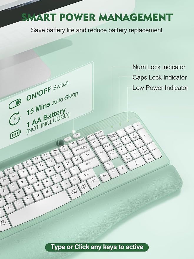 Ergonomic Wireless Keyboard with Cushioned Wrist Rest, Wave Keys, Phone Holder, Comfortable Natural Typing, 2.4GHz Full Size Cordless USB Computer Keyboard for Windows, Mac OS, Laptop, PC (Mint Green)