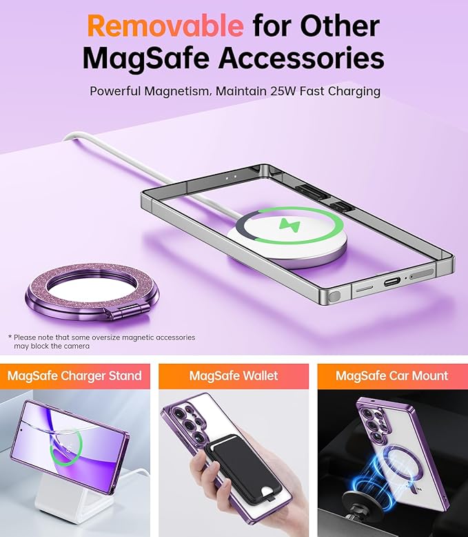 Meifigno Magnetic Case with Removable Phone Ring Stand for Samsung Galaxy S25 Ultra, [Glitter Card & Wrist Strap] [MagSafe Compatible] [Built in Mirror] Phone Ring Stand + Phone Case Kit, Purple