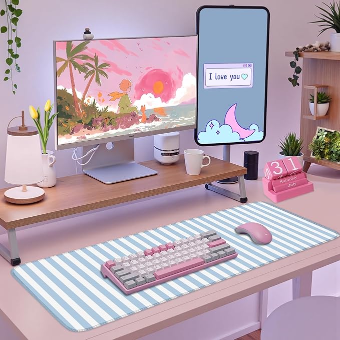 Blue Striped Desk Mat Cute Pastel Large Mouse Pad Kawaii Aesthetic Extended Mat for Home Office Desk Decor Cozy Gaming Keyboard Pad 31.5 X 15.7