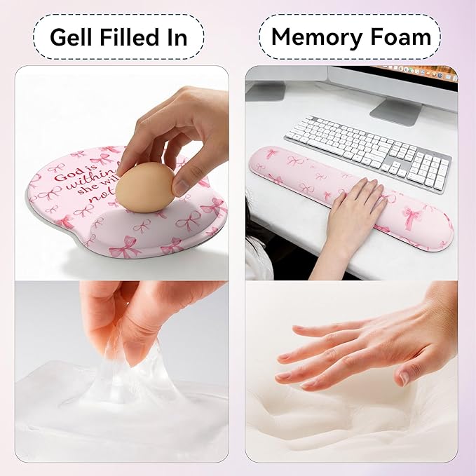 Desk Mat Set + Keyboard and Mouse Pad with Wrist Rest Support,4-in-1 Large Mousepad Computer Mats for Desktop Home & Office-Pink Bowtie