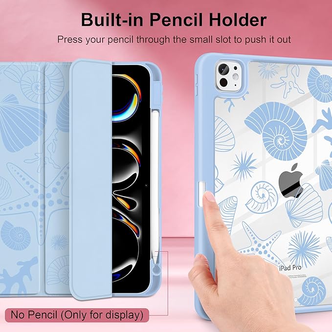 Case for iPad Pro 11 inch (M5) 2025 (M4) 2024 Release Slim Lightweight Cute Light Blue Cover with Clear Back TPU Edge Pencil Holder Trifold Stand, Starfish and Shells