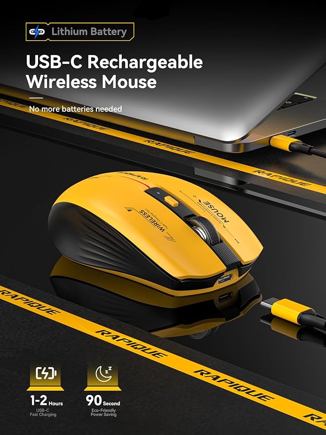 RAPIQUE Bluetooth Wireless Mouse - (BT1/BT2+USB Receiver) Tri-Device Compatibility for PC, Laptop, Computer, MacBook, Tablet (Black and Yellow)