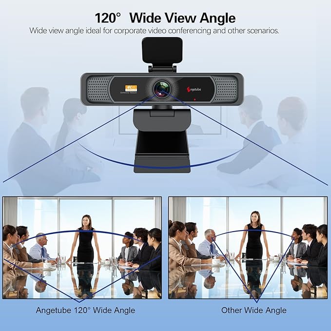 Angetube Wide Angle 4K Webcam for PC - 120° FOV, PDAF Autofocus, 2 Noise-Cancelling Mics, 1080P@60FPS, Auto Light Correction, USB-A/C, Privacy Cover, Video Conference Camera for Mac Laptop and Desktop