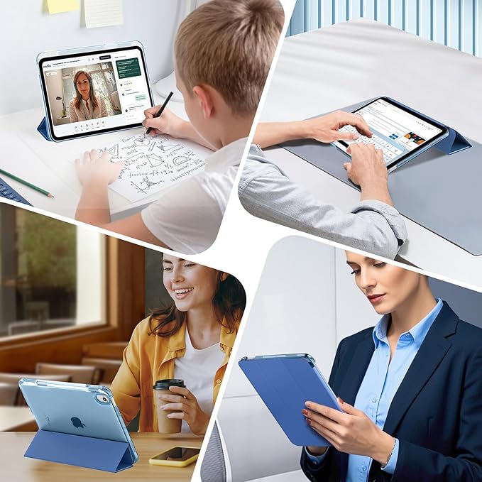 MoKo for iPad Air 11 inch Case (M4/M3/M2) 2026/2025/2024, iPad Air 5th/4th Gen 10.9 inch Case 2022/2020 with Pencil Holder, Slim Light Trifold Cover with Hard PC Translucent Back Shell, Denim