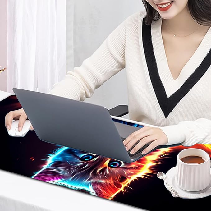 Large Mouse Pad, 31.5 x 11.8in Extended Gaming Mouse Pad with Stitched Edges, XXL Mousepad Protector Non Slip Rubber Base for Office and Home Writing Mat, Cat Cute Animal Pattern Black Desk Mat