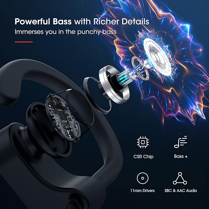 Redzoo Bluetooth Headphones V5.0,Running Headphones w/16 Hrs Playtime, Bass+ HD Stereo Wireless Sports Earphones w/IPX7 Waterproof Earbuds in Ear for Workout, Gym w/CVC6.0 Noise Cancelling Mic Black