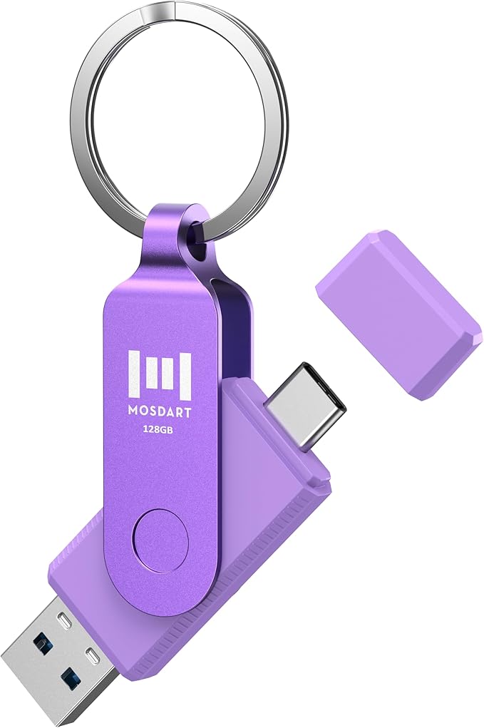 MOSDART 128GB Dual USB C 3.2 Flash Drive, Up to 150MB/S Type C Thumb Drive with Keychain and LED Light, exFAT Memory Stick for iPhone 15,16 and 17, iPad, Android Phone, MacBook, Laptop, Purple