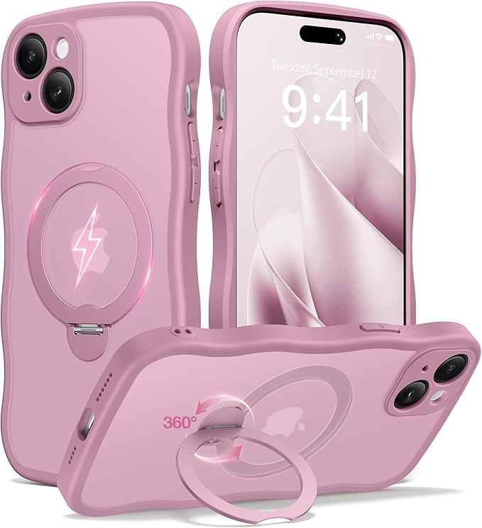 CAPRARO for iPhone 15 Plus Case with 360° Spin Magnetic Stand for Women, [Compatible with MagSafe] [Full Camera Protection] Cute Wave Translucent Matte Case for iPhone 15 Plus, Black Currant