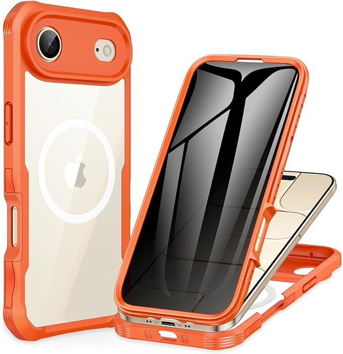 CENHUFO Magnetic Privacy for iPhone 17 Air Case [Compatible with Magsafe] Full Body Phone Case Built-in 9H Tempered Glass Privacy Screen Protector, Camera Protection Shockproof Bumper Cover -Orange