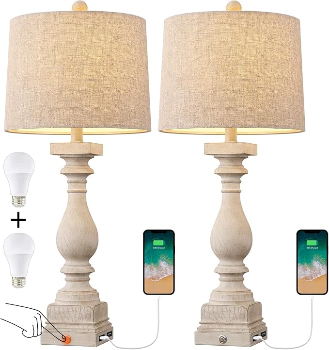 BOBOMOMO 27" Farmhouse Black Table Lamp Set of 2 with USB A+C for Bedroom Living Room Vintage Rustic Traditional Nightstand Bedside Lamps Retro Side Table Lamps (Blubs not Included)