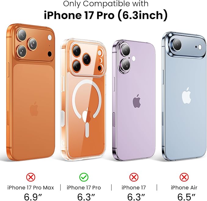 Anti-Yellowing for iPhone 17 Pro Case with 2X Screen Protectors, [Compatible with MagSafe] [12FT Military Grade Drop] Slim Thin Phone Cover 6.3 Inch,Clear
