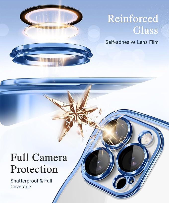 GVIEWIN for iPhone 16 Pro Max Case Compatible with MagSafe, Upgraded [Full Camera Protection][Cute Wave Frame][Military Grade Protection] Electroplated Soft Phone Cover for Women, Clear/Light Blue