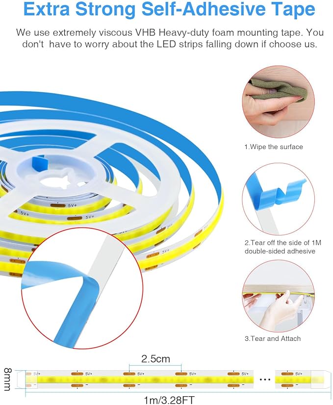 Aclorol 5V USB Powered Dimmable COB LED Strip Light 3.28FT/1M 320LEDs Cold White LED Flexible Tape Lights with 1.5M Cable for Under Cabinet TV Backlight Bedroom Wardrobe Shelves Displays (2 Pack)