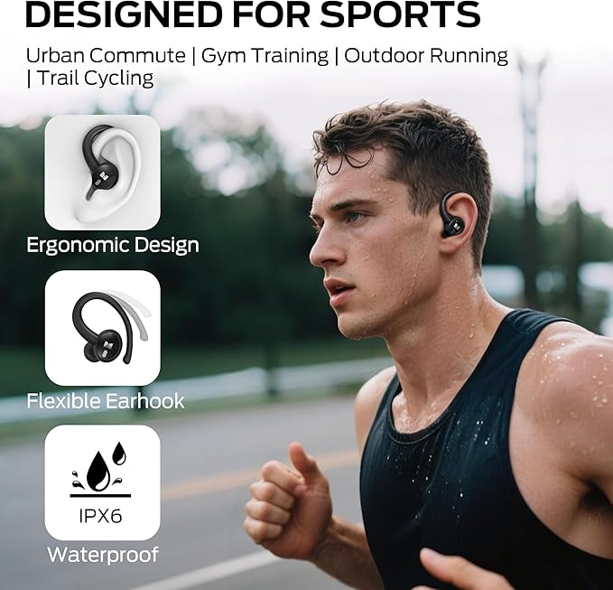 Monster N-Lite 216 Wireless Earbuds, Sports Earbuds with Earhooks, Noise Cancelling Headset, Stereo Deep Bass Over Ear Buds 48H Playtime, IPX6 Waterproof Earphones for Sports/Running/Workout（Black）