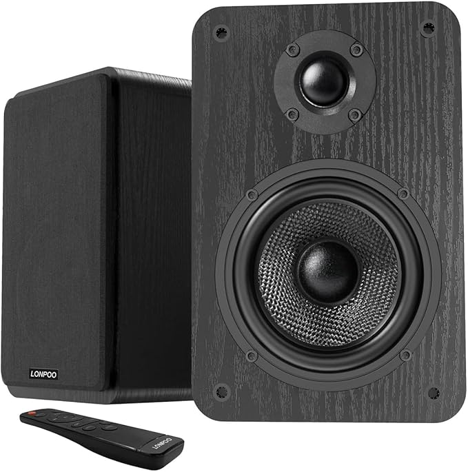 LONPOO Bluetooth Bookshelf Speakers, 60W Powered Speakers with Bluetooth/AUX-in/Optical/RCA (Black)