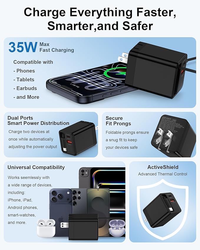 35W Retractable USB C Wall Charger for Samsung Galaxy S26 Ultra S26+ S26 A57 A37 A17 A36 A16 S25 S24 iPhone 17e 16 15 Pro Max, Fast Charging Block Built-in Type C Cable, Foldable Plug Power Adapter