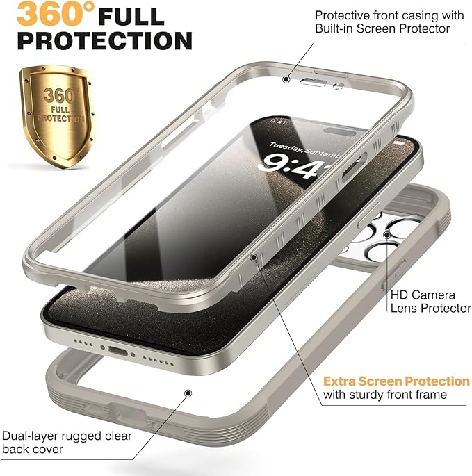 Diaclara Designed for iPhone 15 Pro Case, [Military-Grade Drop Proof] Full-Body Bump Case with Built-in Shockproof Screen Protector, [Camera Lens Protector] for iPhone 15 Pro 6.1"(Natural Titanium)