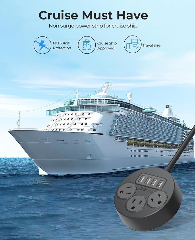 ORICO Power Strip, 45° Flat Plug Extension Cord with 3 AC Outlets and 4 USB-A Charging Ports, 5FT Black Compact Outlet Extender for Cruise/Travel/Home/Office - PSO