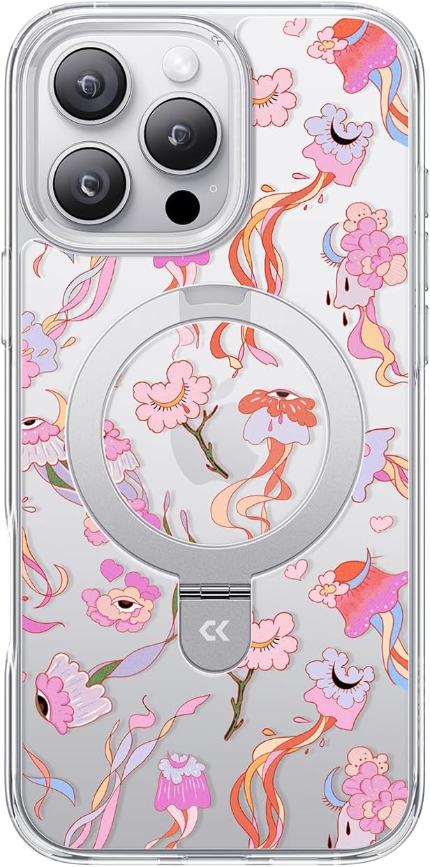 CASEKOO Floral Series [ArtCollab x Leah Han] Floral Jellyfish for iPhone 16 Pro Case with Magnetic Ring Stand [Compatible with MagSafe] [Military-Grade Protection] Clear Back, Soft Edge, for Women
