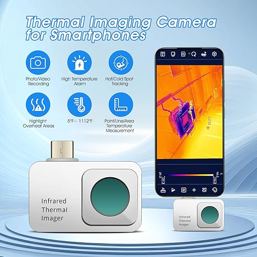 Infrared Thermal Imager for Android, 256x192 IR Resolution Thermal Camera 5℉~1112℉ with High/Low Temp Alarm, Video Recording, Portable Heat Detection Camera for Home Inspection, HVAC, Electrical