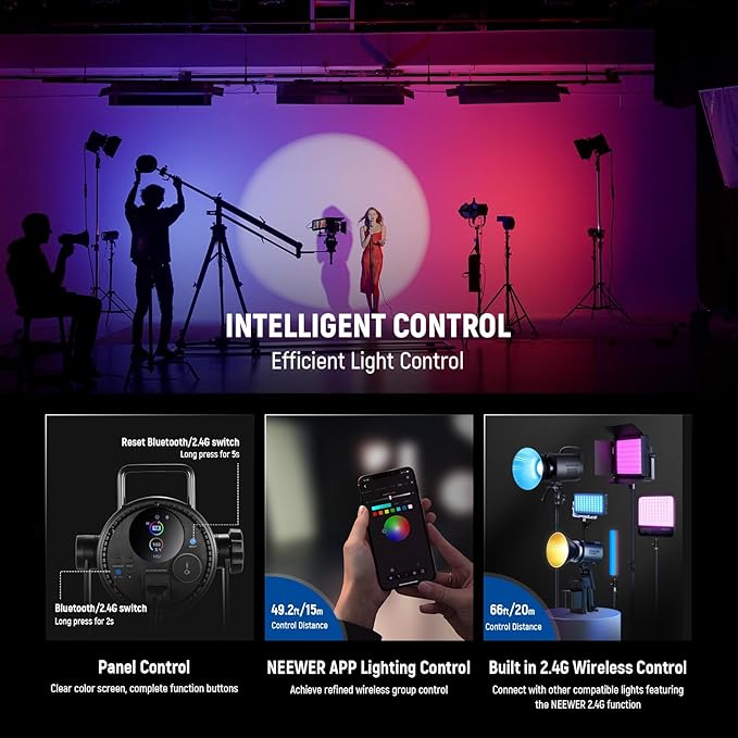 NEEWER CB 300C RGB LED Video Light with Reflector, 300W, APP/2.4G Control, 17 Scenes 29600Lux/1m 2500-7500K CRI97+/TLCI97+ Full Color Bowens COB Continuous Output Lighting Dimmable for Studio Filming