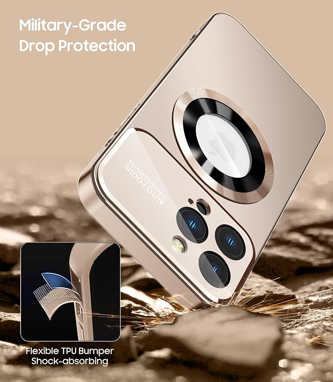 MAKAVO Magnetic for iPhone 16 Pro Case, Compatible with MagSafe, Built-in Camera Lens Protector, Logo View, Military Grade Drop Protection Phone Cover, Desert Titanium