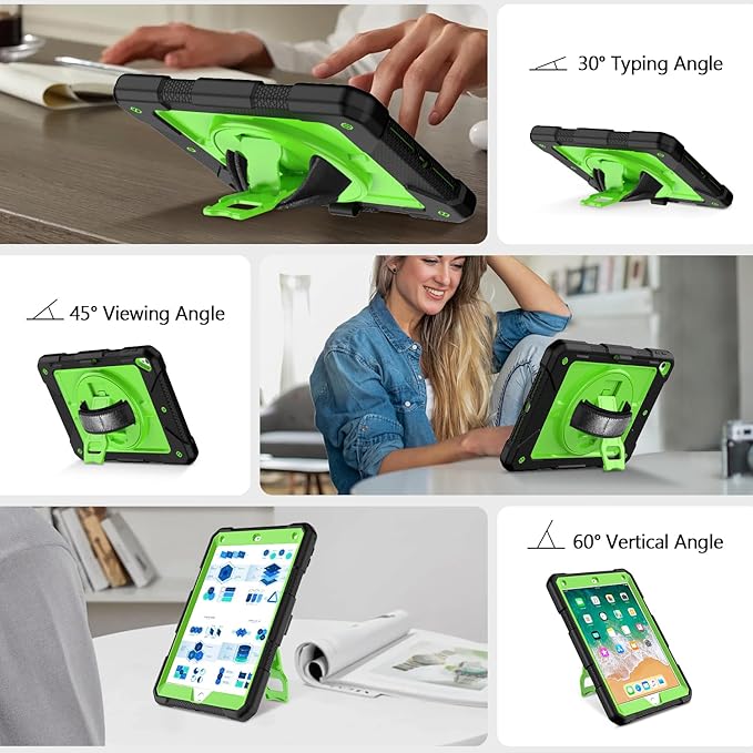 MENZO Shockproof Case for iPad 5th Gen/6th Gen/Air 2/Pro 9.7-inch with 360° Swivel Stand, Pencil Holder, Detachable Hand and Shoulder Strap, Black+Green