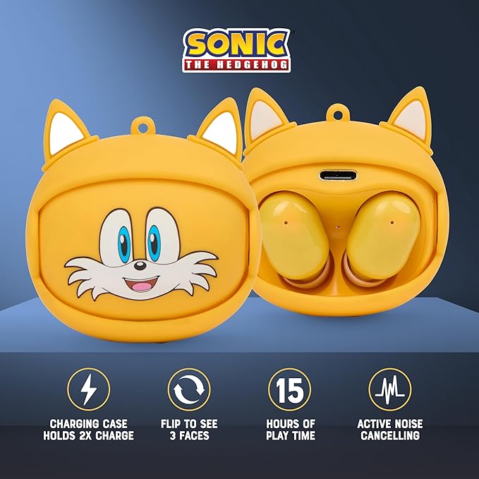 Sonic The Hedgehog Wireless Earbuds, True Wireless Bluetooth Earbuds, in-Ear Headphones with Active Noise Cancelling and Charging Case (Tails)
