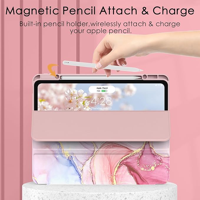 Soke Case for iPad Pro 12.9 Inch (6th/5th/4th/3rd Generation, 2022/2021/2020/2018) - Pencil Holder + Auto Sleep/Wake + Camera Protection, Transparent Shockproof Back Cover, Dreamy Marble