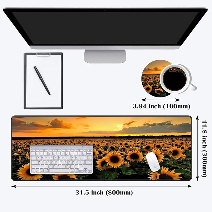 Desk Pad Mat Gaming Mouse Pads with Coasters Set, Stitched Edges Design Mouse Pad XXL Large Mouse Pad for Laptop Computers Sunflower Field Desk Writing Mat for Office & Home 31.5x 11.8