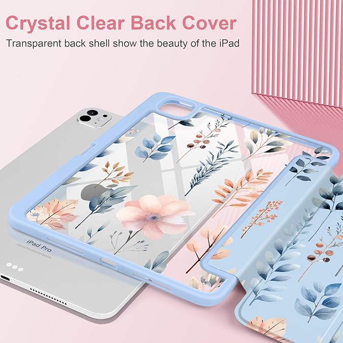 Case for iPad Pro 11 inch (M5) 2025 (M4) 2024 Release Slim Lightweight Cute Light Blue Cover with Clear Back TPU Edge Pencil Holder Trifold Stand, Hand-Drawn Leaves