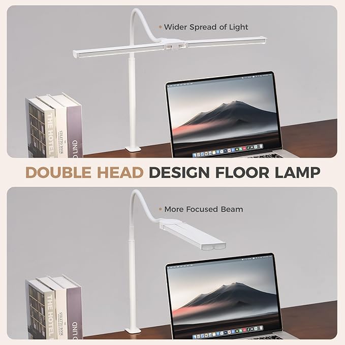 Voncerus LED Desk Lamp for Home Office, Double Head Architect Light with Clamp, Computer Monitor Clip on Light, 3 Modes and 10 Brightness, Adjustable Flexible Goose-Neck, Table Task Lamp, White