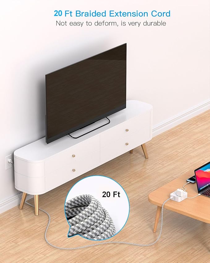 Extension Cord 20 Ft, HANYCONY Power Strip Surge Protector with 8 Outlets 4 USB Ports(2 USB C), Long Cord, Flat Plug, Wall Mount, Desk USB Charging Station for Home Office Essentials