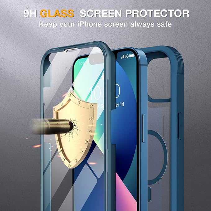 Miracase for iPhone 13 Case 6.1'',Full-Body Magnetic Clear Bumper Case with Built-in 9H Tempered Glass Screen Protector,Military Drop Protection Outdoor Phone Case,Storm Blue
