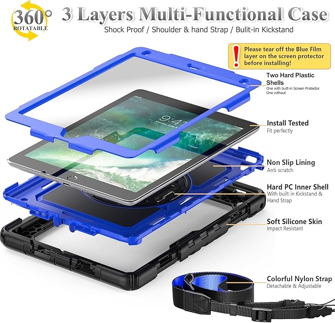 SEYMAC stock Case for iPad 6th / 5th Generation Case/Air 2 / Pro 9.7 inch, Heavy Duty Protective with Screen Protector, with Pencil Holder, Hand Strap, Shoulder Strap, 360 Rotate Stand, Blue+Black