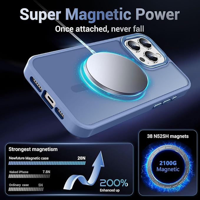 Newfuture Magnetic for iPhone 15 Pro Case [Compatible with Magsafe] [Military Grade Drop Protection] Translucent Matte Anti-Fingerprint Shockproof Phone Case for iPhone 15 Pro 6.1 inch, Light Blue