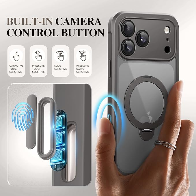 BERFY for iPhone 17 Pro Case, Compatible with MagSafe, Built in Privacy Screen Protector, Shockproof Full Body Phone Case for 17 Pro with Magnetic Stand, Clear Grey