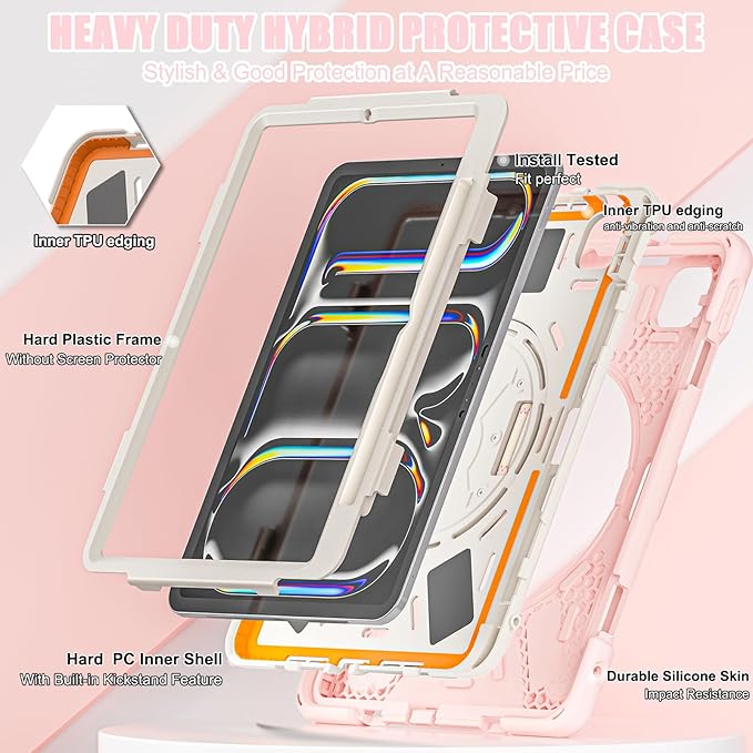 Batianda Case for New iPad Pro 11-inch 2025 M5 2024 M4 Chip Heavy Duty Rugged Durability Silicone Tablet Cover with 360° Rotating Hand Strap Foldable Hidden Stand & Shoulder Strap, Pink