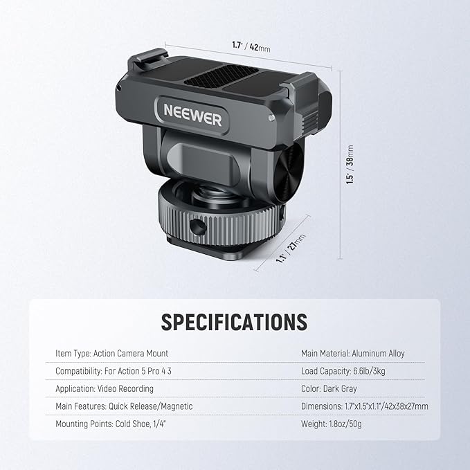 NEEWER Magnetic Mount Accessories Compatible with DJI Osmo 360 / Action 5 Pro / 4/3, Quick Release 160° Tilt Action Camera Adapter Mount with Cold Shoe, 1/4" Thread, AC012 Dark Gray
