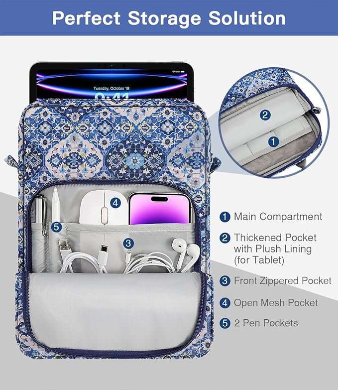 MoKo 9-11 Inch Tablet Sleeve Bag Handle Carrying Case with Shoulder Strap Fits iPad Pro/Air/A16 11 inch,iPad 10th 10.9,i-Pad 9/8/7th 10.2,iPadAir 5/4th 10.9,i-Pad 9.7,Tab S8/S9 11", Blue Bohemia