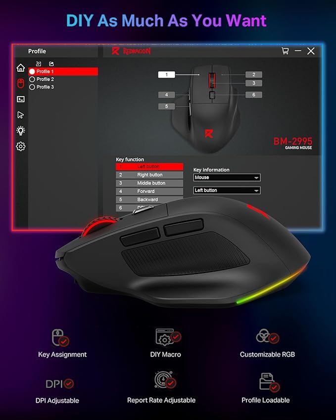 Redragon Large Wireless Gaming Mouse for Big Hands, Tri-Modes 2.4G/Bluetooth/Wired Rechargeable Ergo RGB Mouse with 2 Side Buttons, 6 Backlit Modes, Programmable Macro Gamer Mouse