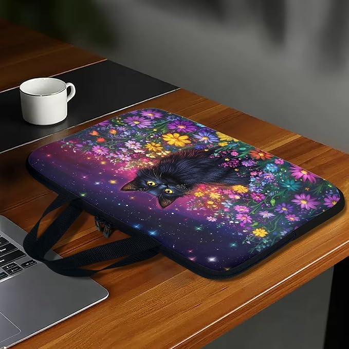 Galaxy Floral Laptop Handle Bag for Women 12 Inch Computer Protect Case Pouch Holder Black Cat Notebook Sleeve Neoprene Cover Soft Carrying Travel for 10-17 Inch Chromebook