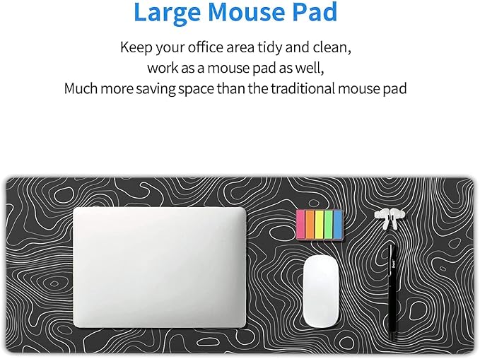 Topographic Map Large Mouse Pad XL Black Lines Contour Geographic Extended Large Desk Mat Big Desk Pad 80X30 CM Non-Slip Rubber Base Stitched Edge Long Mousepad,31.5×11.8 Inch