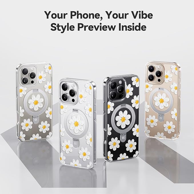 CASEKOO Floral Series Oil Painting Daisy for iPhone 16 Pro Max Case with Magnetic Ring Stand [Compatible with MagSafe] [Military-Grade Protection] Fashion Clear Back, Soft Edge, for Women