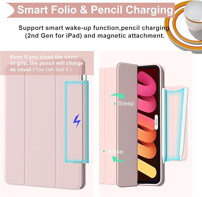 ZENLU iPad mini 6th 7th Generation Case with Removable Magnetic Folio Cover, Premium PU Leather, Multiple Angles, Pencil Charging Support, Full Protective Case for 8.3 inch iPad mini 6/7 (Pink)