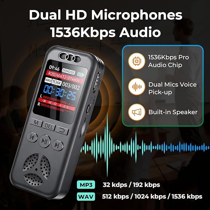 64GB Digital Voice Recorder, Small Voice Activated Recorders with Playback, 1536Kbps Audio, 70dB Noise Reduction, A-B Repeat Recording Device Portable Mini for Lectures, Meetings, Interview etc